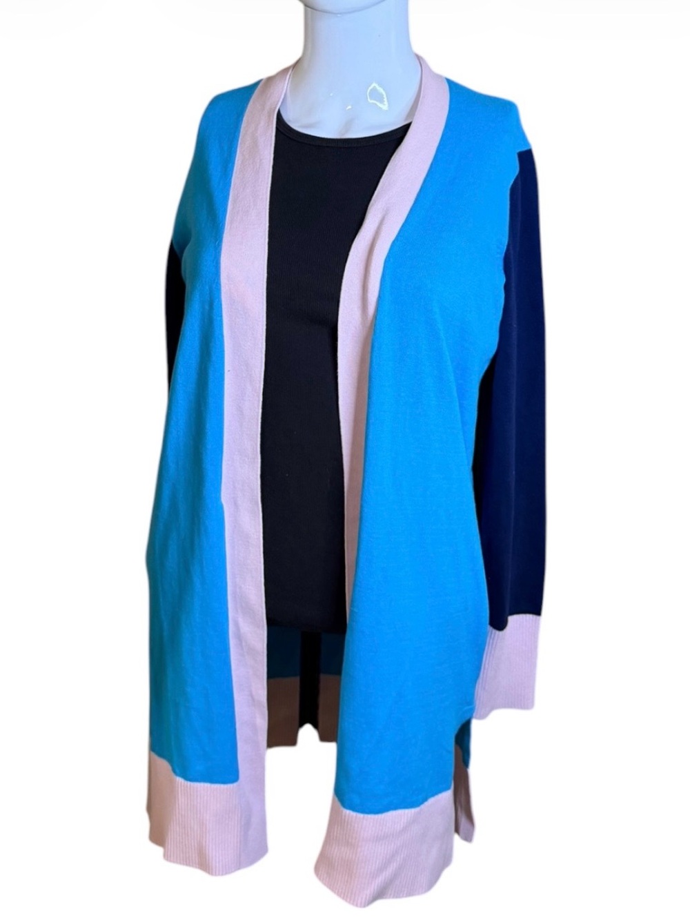 Lands' End Colorblock Open Cardigan in Turquoise, Navy & Light Pink